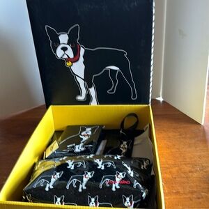 NIB Marc Tetro French bulldog makeup bag, luggage tag & passport wallet set
